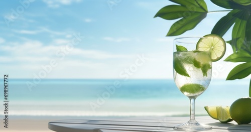 A glass of mojito on a table with a lime and a leaf. Generative AI.