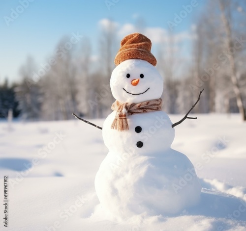 A snowman is standing in the snow. Generative AI. © serg3d