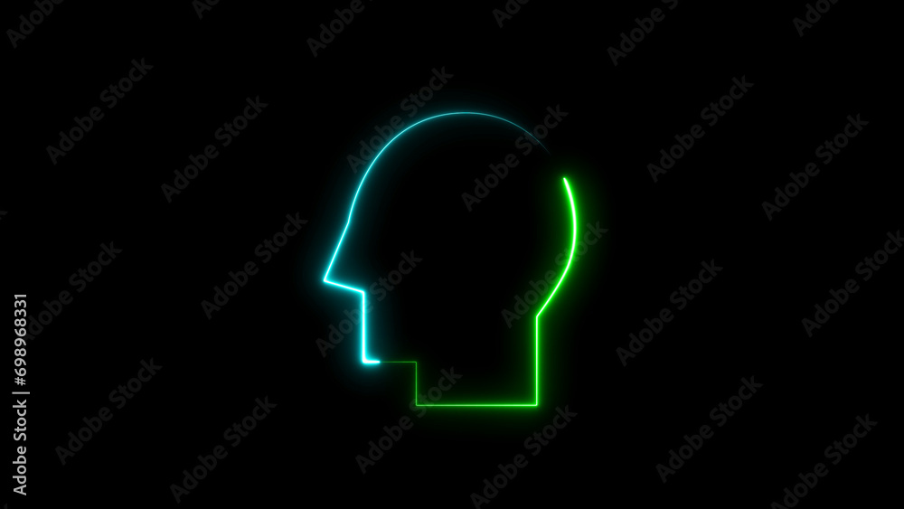 Glowing blue and purple neon line Human Head silhouette icon isolated on black background Glowing blue and purple neon line Human Head silhouette icon isolated on black background