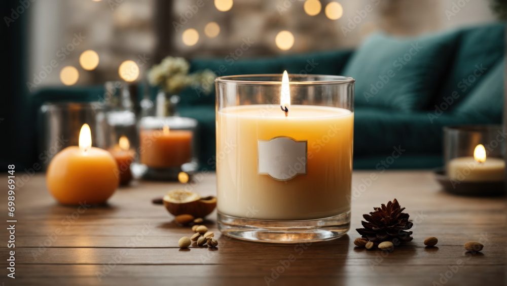 Burning candle in glass on wooden table indoors. Space for text Burning candle in glass on wooden table indoors. Space for text