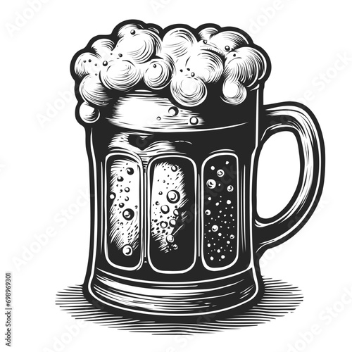 vector hand drawn beer glass full of wheat beer with foam. vintage engraved illustration isolated on white background. Vintage etched beer mug or tankard with dropping froth. Ink hand drawn style