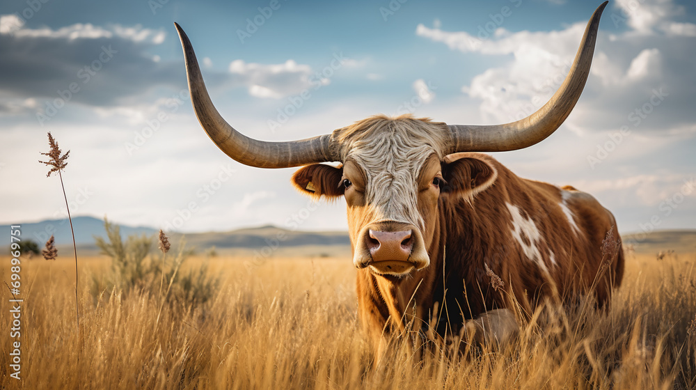 A wild longhorn cow on the prairie, AI Generative. A wild longhorn cow on the prairie, AI Generative.
