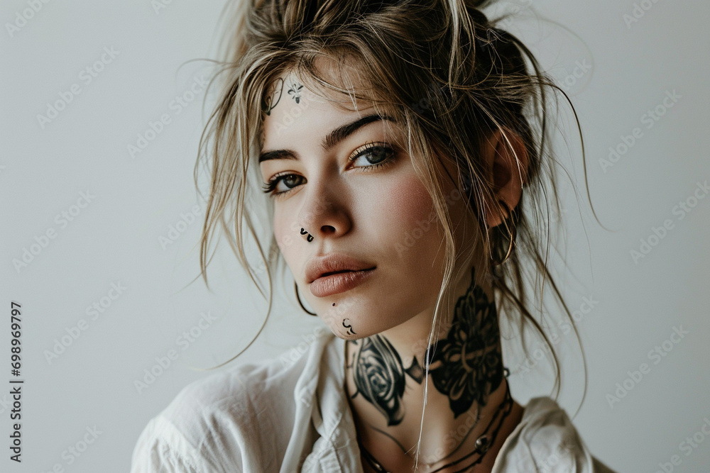 Young diverse tattooed woman, slight smile with mysterious eyes, posing for the camera