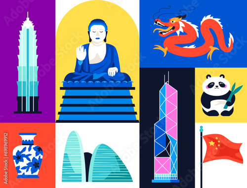 Landmarks of China - set of flat design style illustrations. Colored images of Skyscrapers Wangjing SOHO, Jin Mao and Bank of China Tower, buddha statue, dragon, porcelain vase, panda, national flag photo