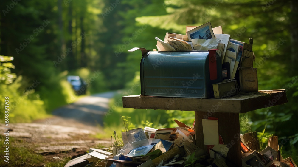 A rural mailbox is overflowing with an assortment of mail, including ...