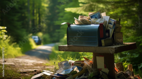 A rural mailbox is overflowing with an assortment of mail, including letters, bills, and various types of unsolicited mail, indicating either neglect or a busy recipient.  photo