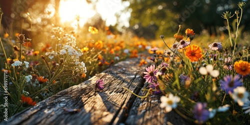 Fondo natural floral de primavera con una tabla de madera en primer © sirisakboakaew