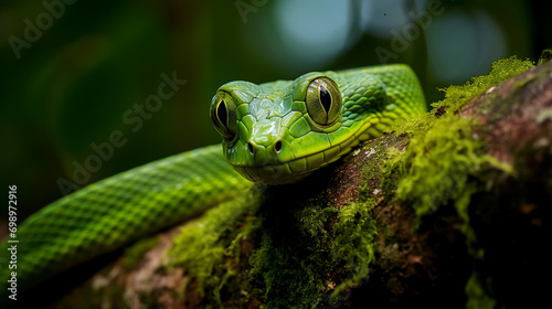 Leptophis ahaetulla parrot snake lora hiding and hanging on tree, AI Generative. photo