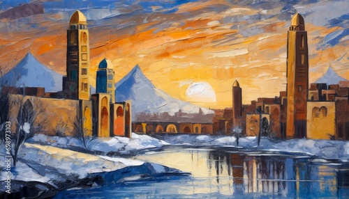 art oli paint style lanscape that town in winter and sunset at Istanbul