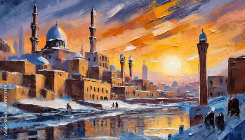 art oli paint style lanscape that town in winter and sunset at Istanbul photo