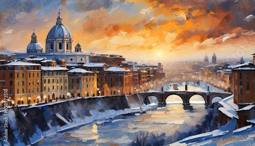 art oli paint style lanscape that town in winter and sunset at Rome photo