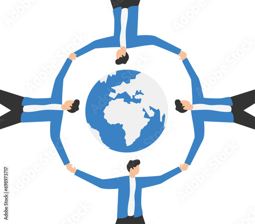 A world globe surrounded by business people. Concept business vector illustration.
