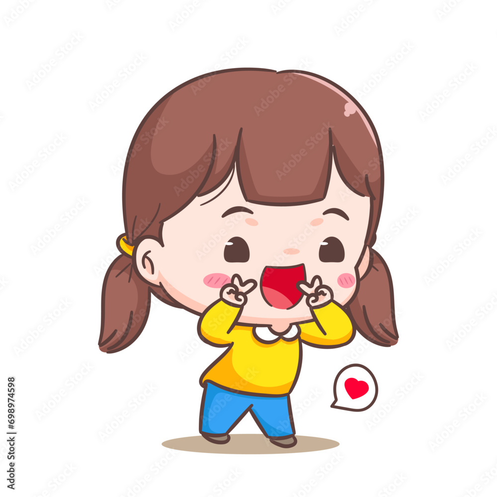 Cute girl posing peace sign cartoon character. People expression concept design. adorable chibi vector style. Isolated white background Cute girl posing peace sign cartoon character. People expression concept design. adorable chibi vector style. Isolated white background