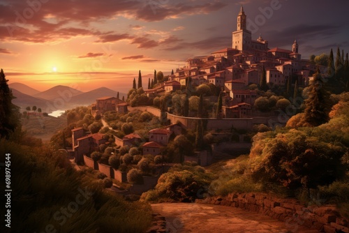 Radiant Italian city sunset hills. Historic italian village. Generate Ai photo