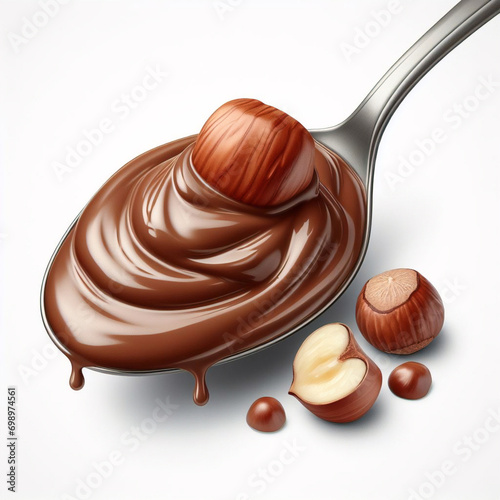 Spoon of melted chocolate hazelnut cream isolated on a white background. photo