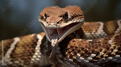 Nose Horned Viper with forked tongue outside (Vipera ammodytes). AI Generative