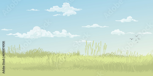 Nature landscape spring season flat design vector illustration. Pastel environment concept template have blank space.