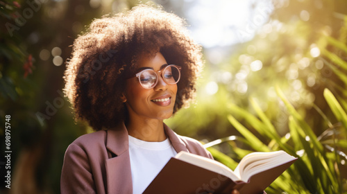 Black afro American businesswoman enjoying a leisurely weekend afternoon at a local park reading a book, the woman embraces moments of relaxation and connection with nature