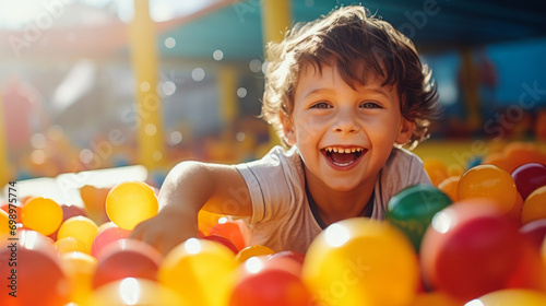 Portrait of happy kid child playing at balls pool playground, boy playing with multicolored plastic balls in big dry paddling pool at a playing centre photo