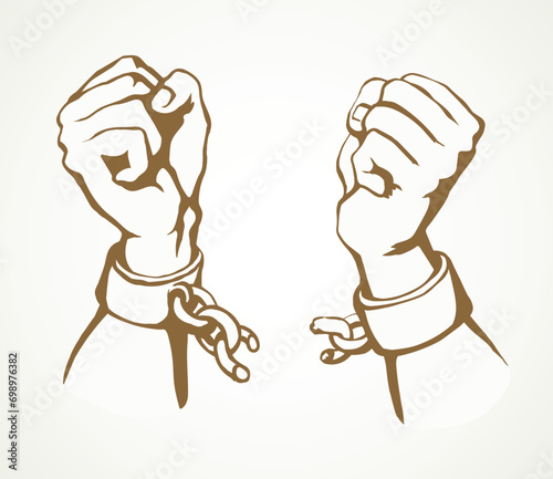 Hands tearing shackles. Vector drawing