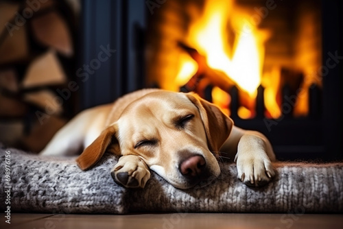 Labrador warms itself in winter near the fireplace.