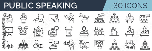 Set of 30 outline icons related to public speacking. Linear icon collection. Editable stroke. Vector illustration