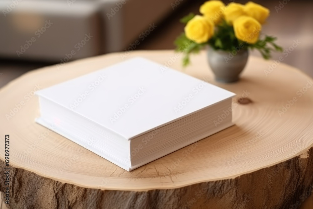 Fototapeta premium White book mockup with yellow flowers on table. AI Generated