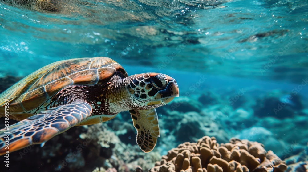 A close view of a turtle in its natural habitat, gracefully swimming in the ocean. A close view of a turtle in its natural habitat, gracefully swimming in the ocean.
