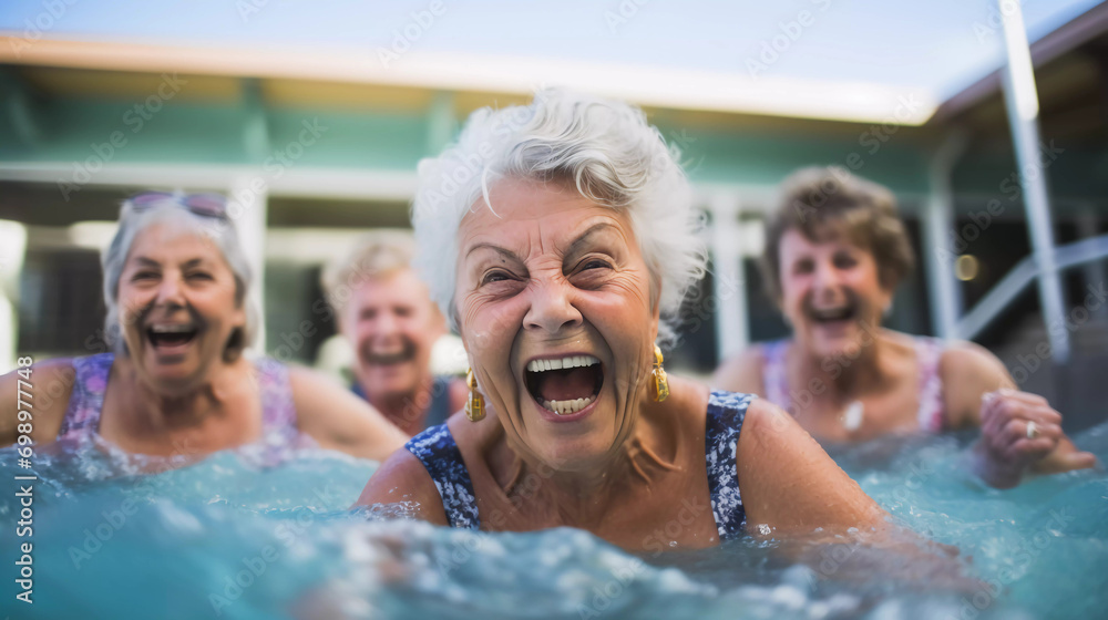Active senior women enjoying aqua fit class in a pool, displaying joy and camaraderie, embodying a healthy, retired lifestyle 