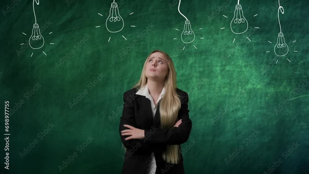 Portrait of woman isolated on green background light bulbs image on top. Girl standing thinking looking up with praying gesture, no ideas lamps without light. Portrait of woman isolated on green background light bulbs image on top. Girl standing thinking looking up with praying gesture, no ideas lamps without light.