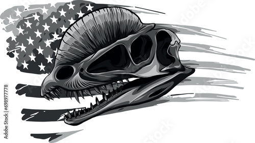 monochromatic Dilophosaurus dinosaur skull fossil with american flag