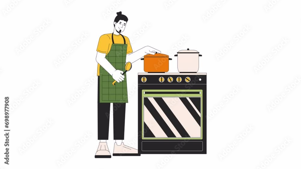 Covering pot with lid while cooking line cartoon animation. Stove food