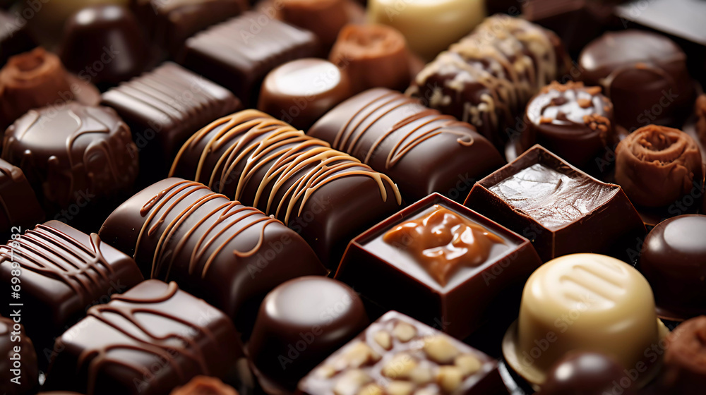 Assorted chocolate candies, Dark and milk Belgian chocolate pralines close-up photo Assorted chocolate candies, Dark and milk Belgian chocolate pralines close-up photo