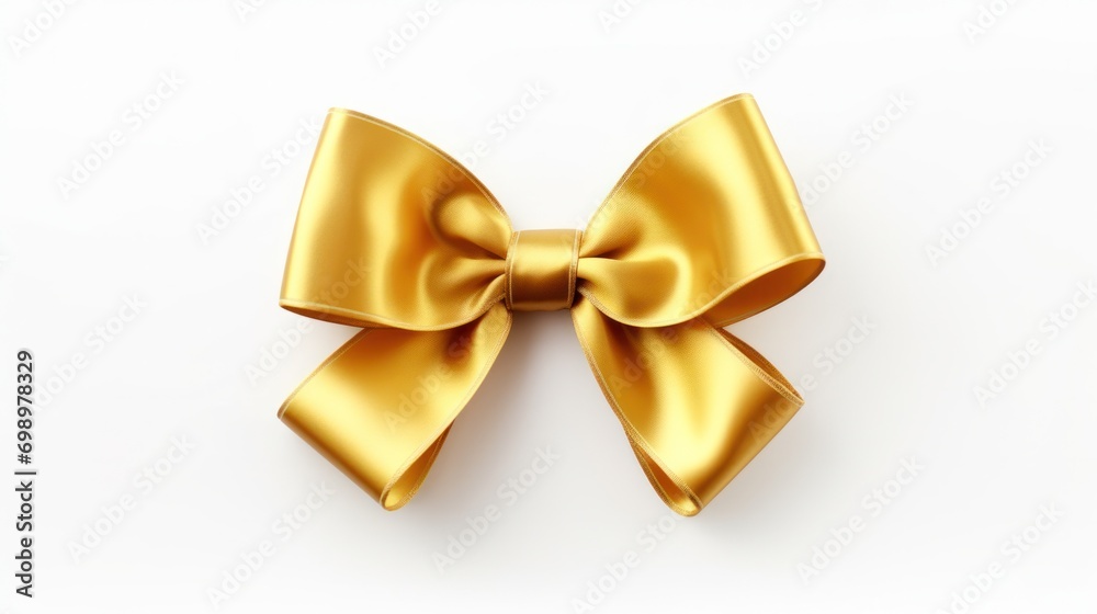 Elegant golden bow on white background. Festive decoration and gift presentation