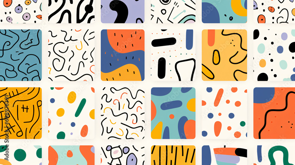 Set of fun colorful line doodle seamless pattern