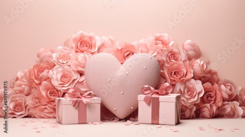 Valentine's Day background with heart and gifts among roses. Romance and love.