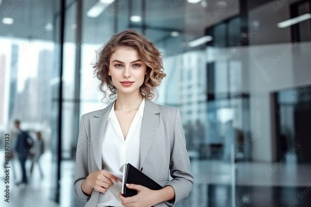 Portrait of successful and happy businesswoman, office worker smiling and looking at camera, working inside modern office. Portrait of successful and happy businesswoman, office worker smiling and looking at camera, working inside modern office.