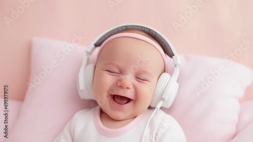 Closeup of cute little sitting laughing smiling newborn infant baby girl in headphones, listen to relaxing music, isolated on pink clean background wall 