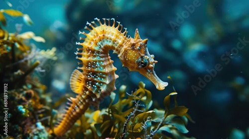Close-up shot of a seahorse in its natural habitat, swimming in the sea.  © Matthew
