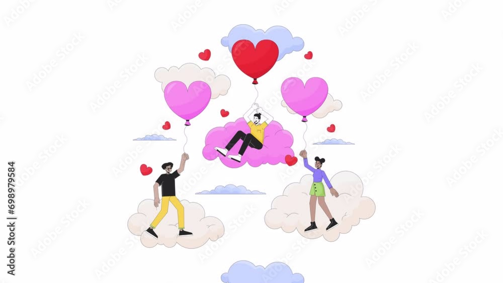 14 february valentines day line 2D animation. Diverse people 4K video motion graphic. Romantic heart shaped balloons, floating on clouds linear animated cartoon flat concept, white background 14 february valentines day line 2D animation. Diverse people 4K video motion graphic. Romantic heart shaped balloons, floating on clouds linear animated cartoon flat concept, white background