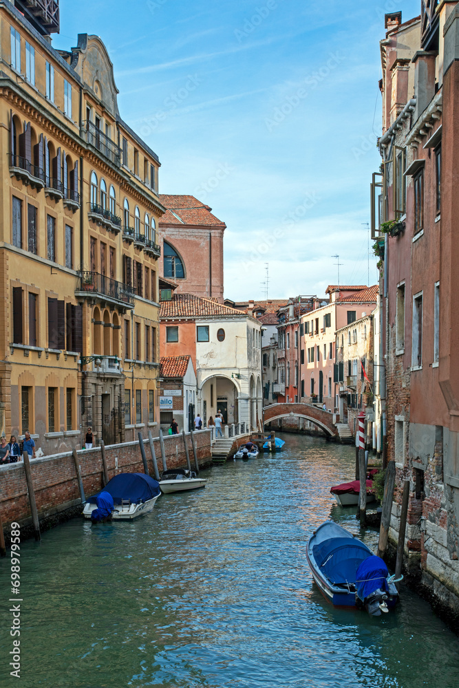 Venetian canal in Venice in September 2023. Travel and tourism