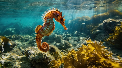 A seahorse swims in the sea. Close-up seahorse photography  © Matthew