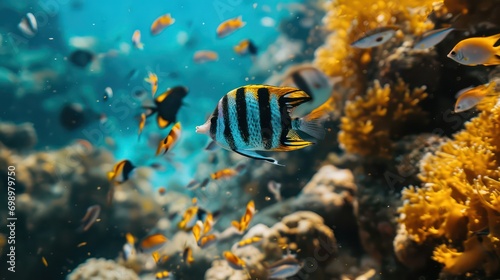 Captivating close-up shot showcasing a unique ornamental fish gliding through the sea. 