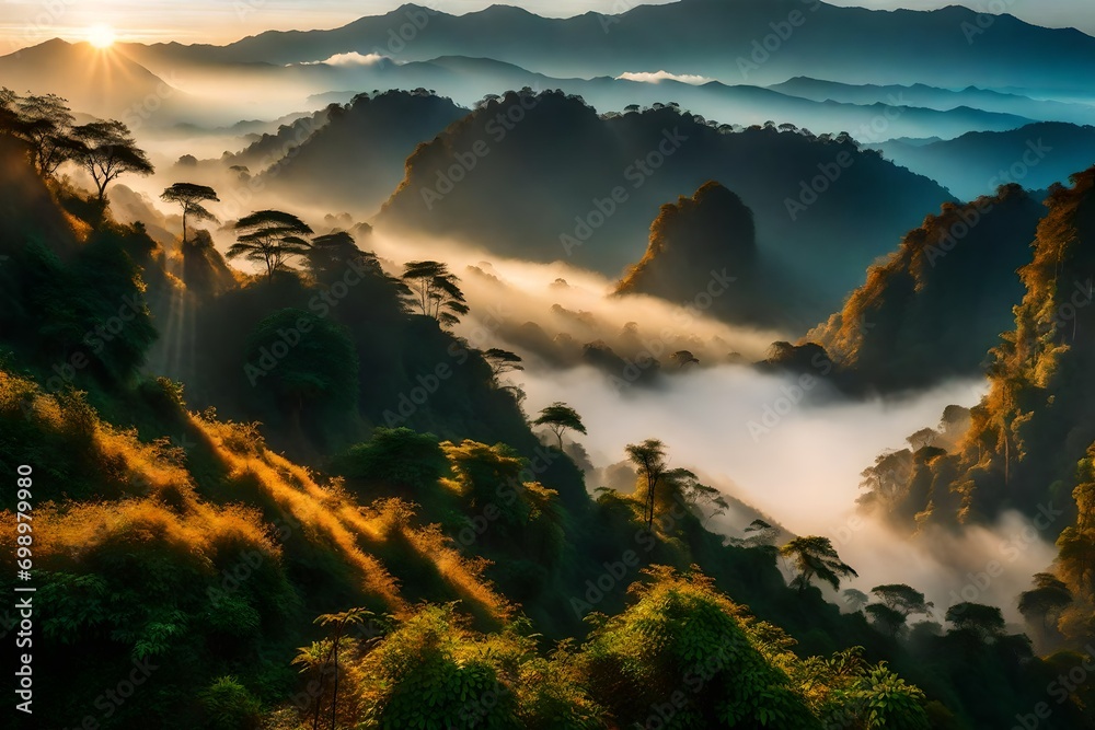 Beautiful Landscape of mountain layer in morning sun ray and winter fog at Doi Hua Mae Kham, Mae Salong Nai, Chiangrai, Thailand-
