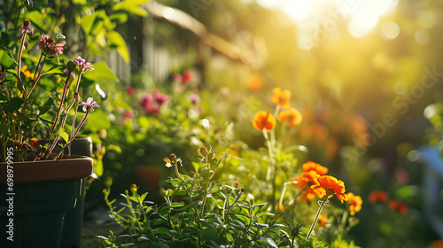 Vibrant orange and yellow marigolds bloom in a garden, their cheerful petals reaching towards the sun from their potted home