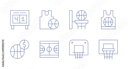 Basketball icons. Editable stroke. Containing scoreboard, shirt, basketball, basketball court.