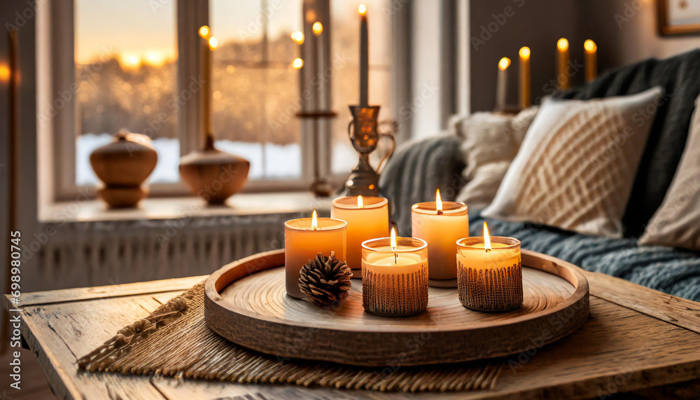 Lit candles on a wooden tray, creating a warm ambiance in a cozy living room
