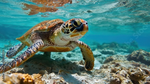 Close-up shot of a tortoise gracefully navigating the ocean waters.