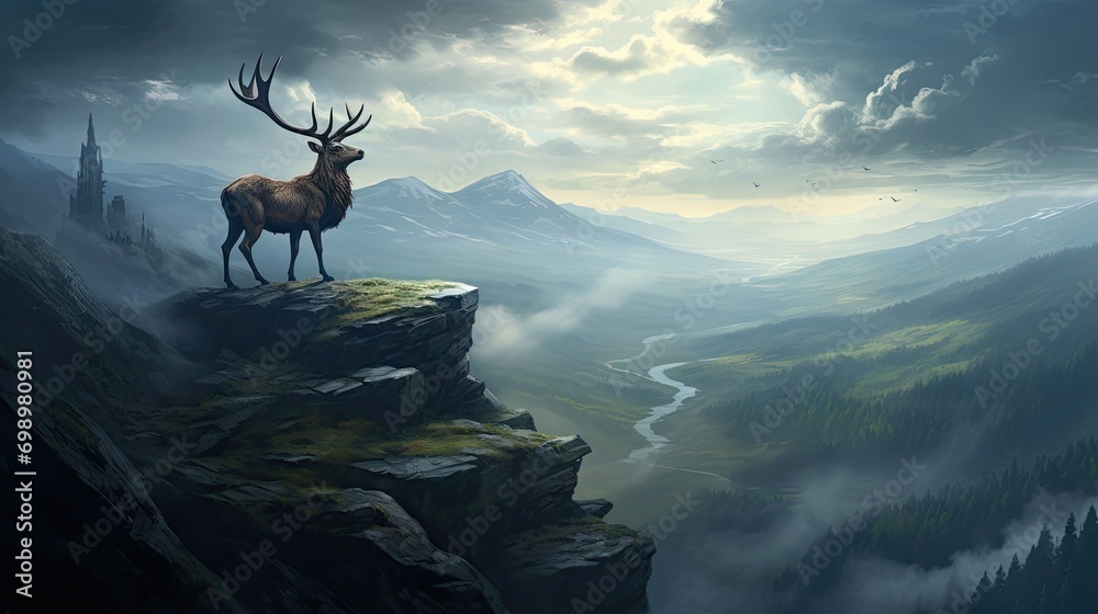 A stoic stag standing on the edge of a misty mountain cliff - obrazy, fototapety, plakaty 