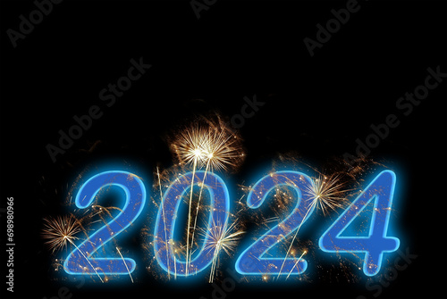 2024 blue fireworks on black sky background. Holiday celebration